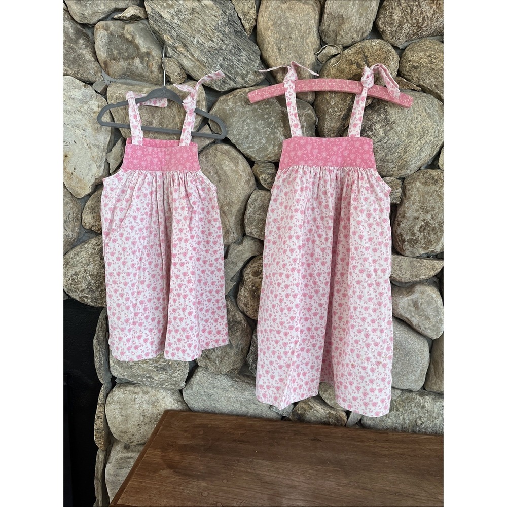 Westfalenstoffe Vtg Sleeveless Sister Dresses ~2T And ~5T, Pink Giraffes, Hanger